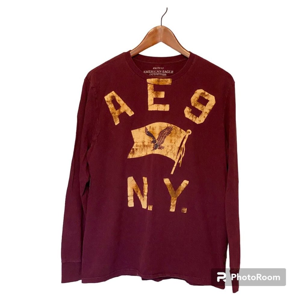 American Eagle Burgundy Long Sleeve T-Shirt Men's L Flag Eagle AE 9 N.Y.